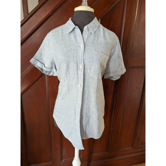 Eddie Bauer Blue/White Striped Linen Blend Short Sleeve Button-Up Shirt Size L - Picture 1 of 9